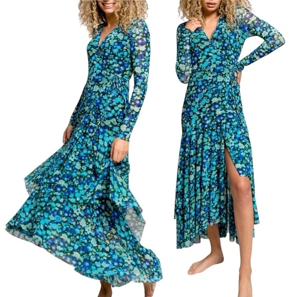 GANNI Floral Print Stretch Mesh Long Sleeve Maxi Wrap Dress - Picture 1 of 13